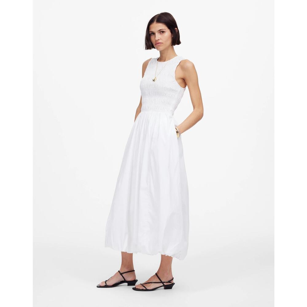 Sleeveless White Smocked Midi Dress